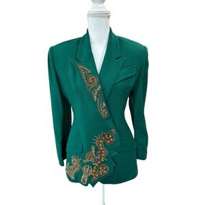 Orlando Rossi Emerald Green Wool Blazer Set Embellished Paisley Formal Size 6